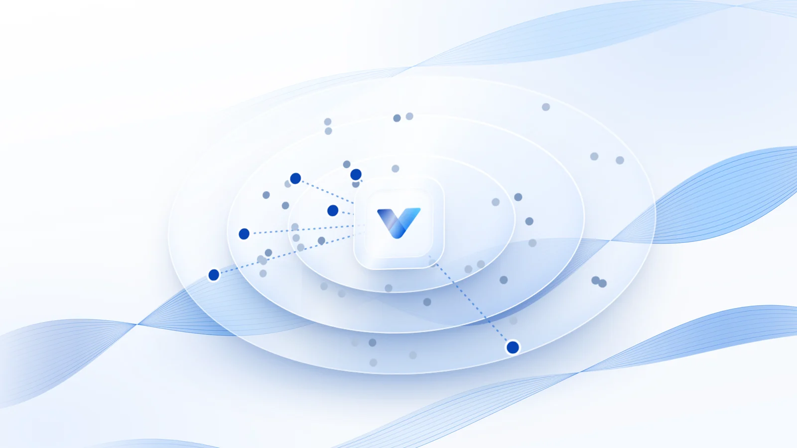 Ilustración de Valuant: el logotipo de Valuant en el centro de círculos con puntos que representan compradores, algunos destacados y unidos al centro
